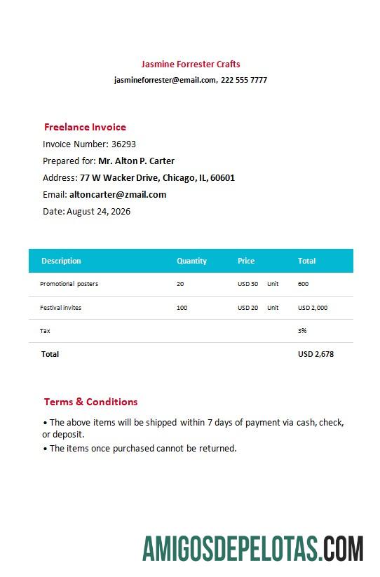 em branco Modelo de formulário de fatura freelance gratuito